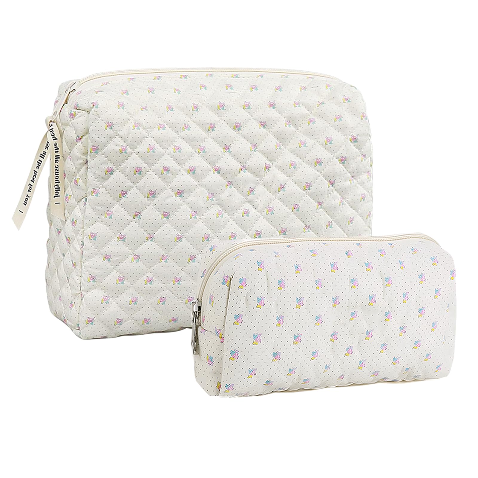 LURVOUS 2 Pcs Floral Makeup Bag, Cotton Flower Cosmetic Bag Small Floral Make Up Bag Flower Toiletry Bag Quilted Makeup Bag Cute Travel Cosmetic Bag for Women Girls (White)
