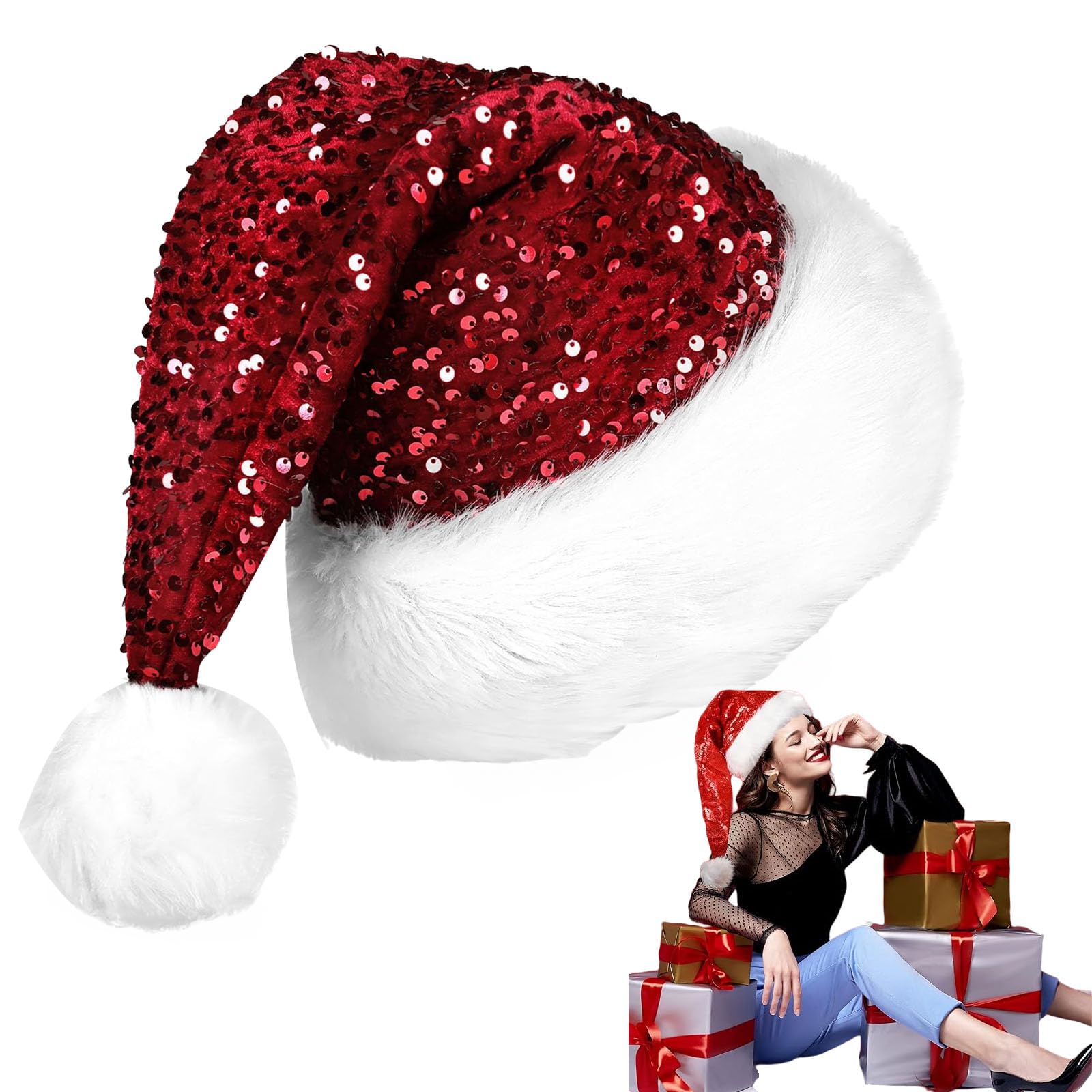 ZSYIULIA Red Sequin Santa Hat Christmas Hats 35*45CM, Classic Xmas Hat Velvet Plush Santa Claus Hat,Unisex Christmas Costume,Xmas Cap Christmas Party Hats for Adults,Xmas Holiday New Year Party Gifts