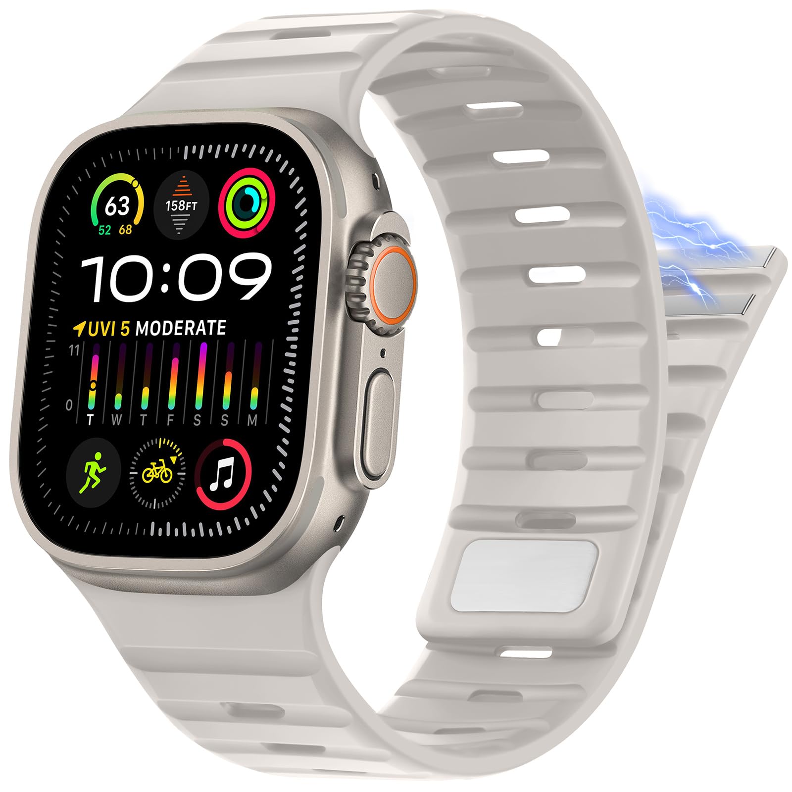 Suphart Compatible with Apple Watch Strap 49mm 46mm 45mm 44mm 42mm 41mm 40mm 38mm, Magnetic Silicone Sport Strap for Apple Watch Ultra 2 Ultra SE Series 10 9 8 7 6 5 4 (49/46/45/44/42, Starlight