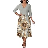 EQQZD Women's Midi Dress with Pockets V Neck 3/4 Sleeve Slimming Wrap Fit and Flare Church Dress