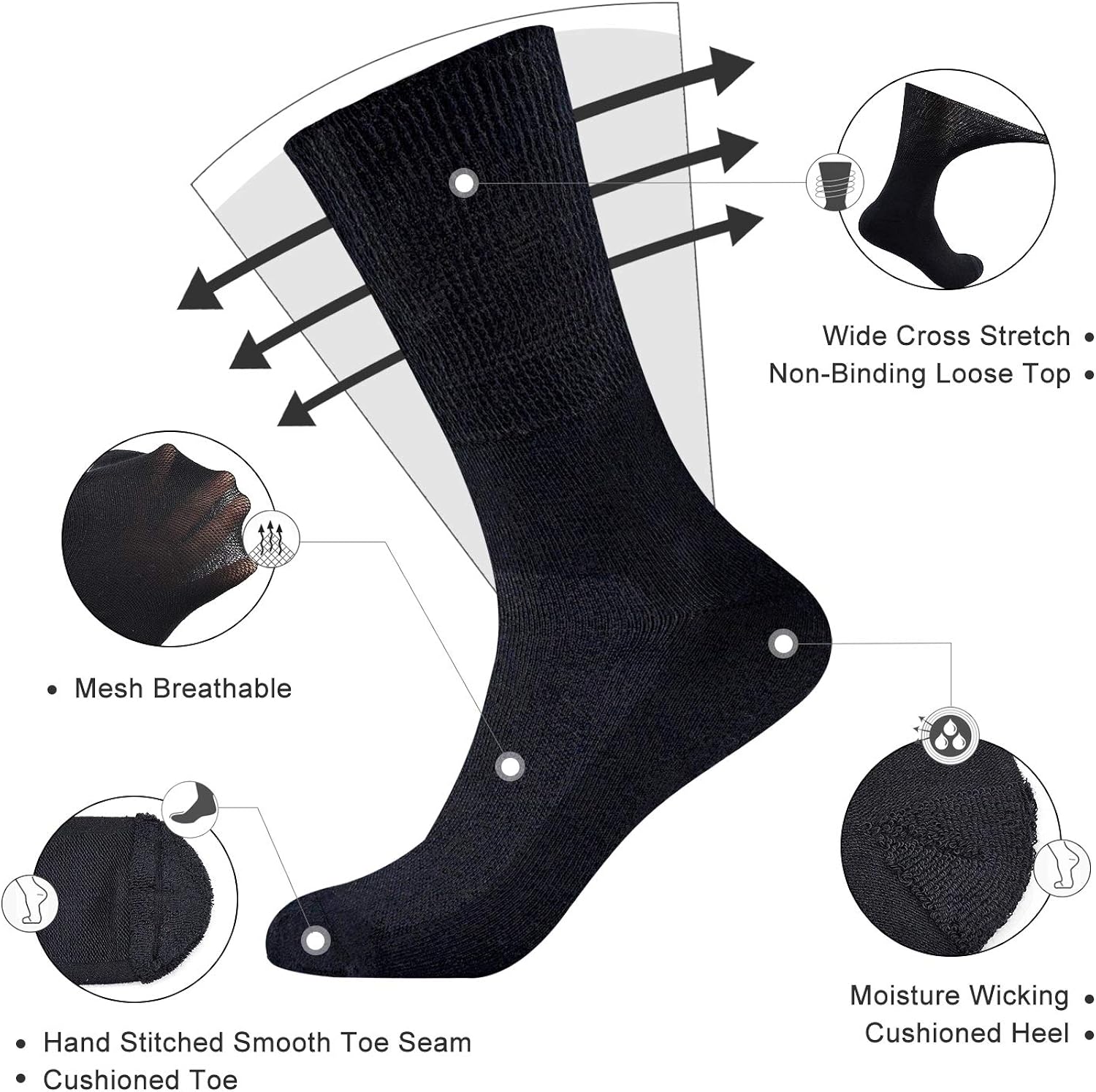 Busy Socks 4 Pack Diabetic Socks for Men Women, Medical Circulation Crew Mid Calf Socks with Seamless Toe and Non-Binding Top: Clothing
