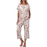 Ekouaer Women's Capri Pajama Sets Print Short Sleeve Sleepwear Top and Capri Pants Soft Loungewear with Pocket