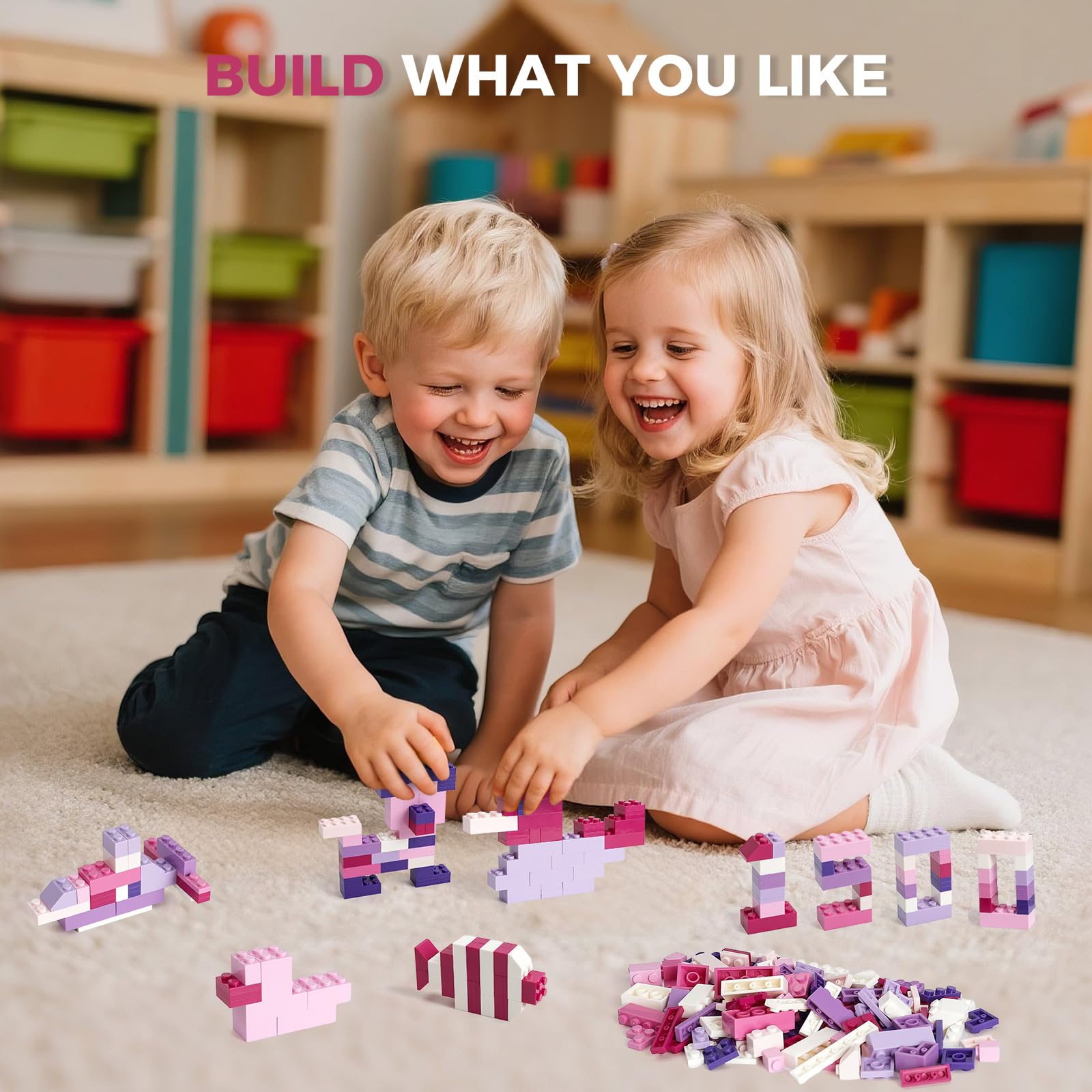 1500 Pieces Building Bricks, Building Bricks Set for Girls Age 6-7-8-12, Classic Bulk Small Blocks, Blocks Set (Pink Purple White)