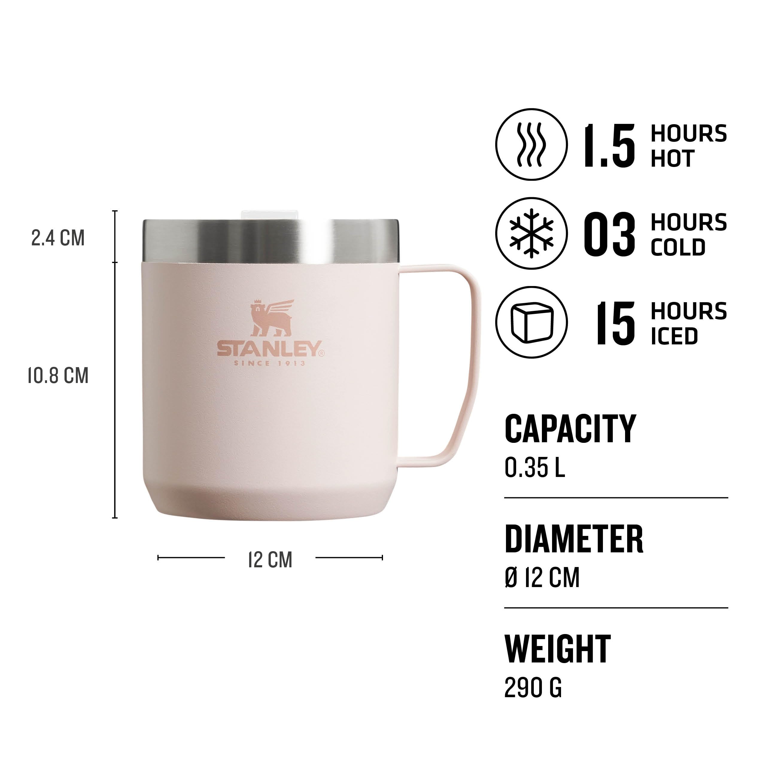 Stanley Classic Legendary Camp Travel Mug 0.35L - Keeps 1.5 Hours Hot - 3 Hours Cold - Dishwasher Safe - Stainless Steel Coffee Cup - BPA-Free - Rose Quartz