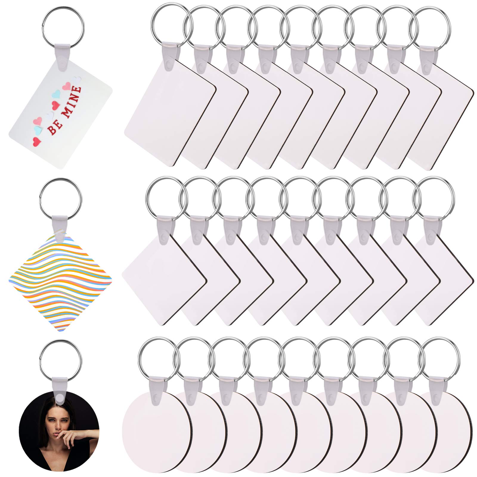 SAVITA 30Pcs Sublimation Blank Keychain Heat Transfer Keychain MDF Double-Sided Pendants Blank Keychain with Key Rings for DIY Keychain Making (Round Square Rectangular)