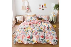 HighBuy Kids Girl Queen Duvet Cover Floral Bedding Set Pink Lightweight Cotton 3 pcs Girls Flowers Duvet Cover Set with Zipper Ties Reversible