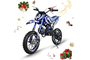 BLAZEGO 49cc Kids Dirt Bike, 2-Stroke Gas Powered Dirt Bike, Motorcycle with Off-Road Tires, Front/Rear Disc Brakes, Shock Absorption, Soft Seat Cushion, Mini Dirtbike for Kids 8-14, Bule