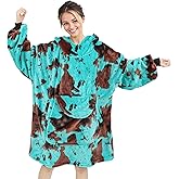 KIVEE Blue Cow Print Wearable Blanket Hoodie Oversized Fleece Sweatshirt Blanket with Giant Pocket Warm Cozy Hooded Blanket for Adult Cow Gifts for Women Men