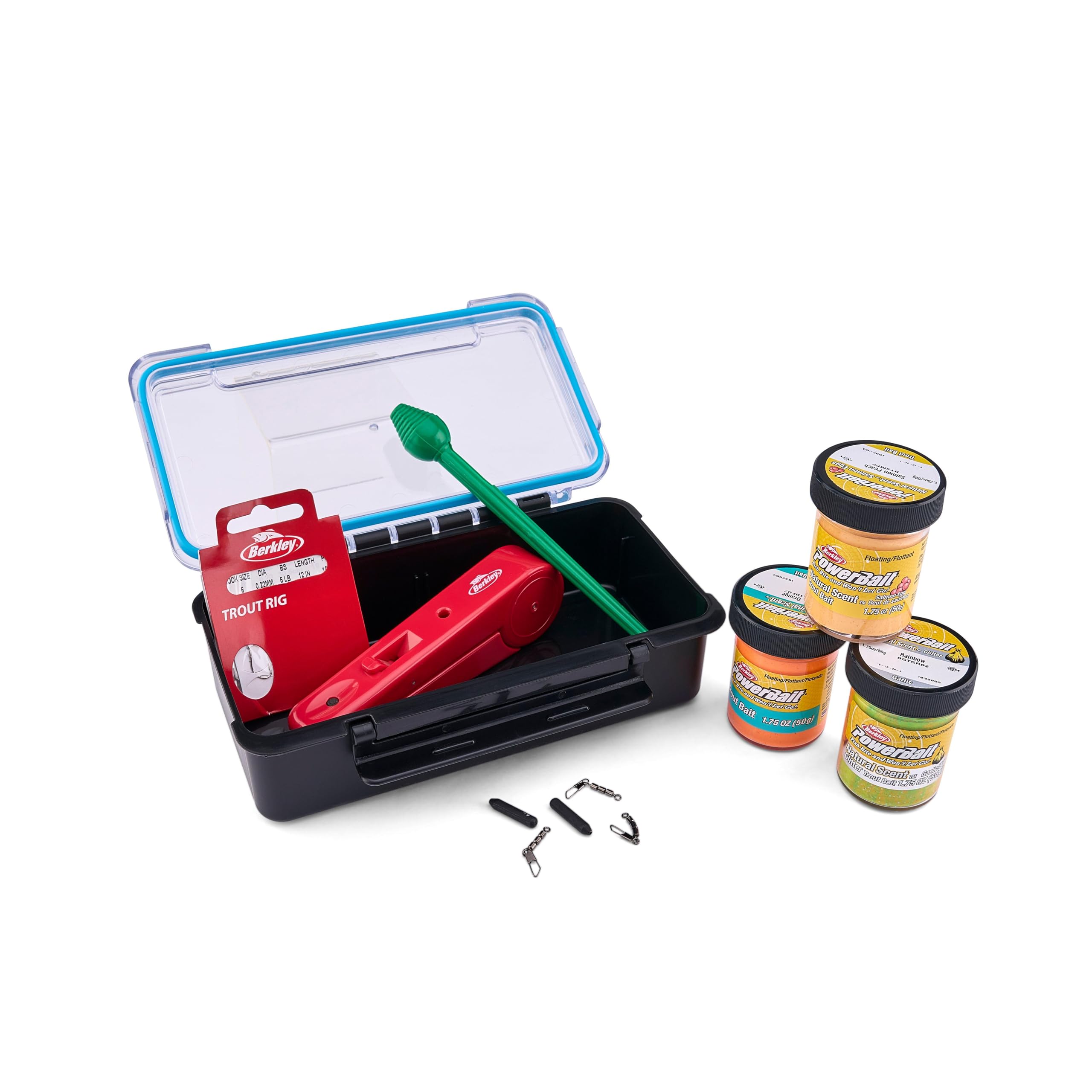Berkley PowerBait Trout Dough Molding Starter Kit, Waterproof Box Includes 3 Jars of Trout Dough, 1 Molder, 1 Honeyworm Mold, and 1 Spoon Mold, 1 Hook Remover, 10 Trout Rigs, 3 Swivels, and 2 Weights Image
