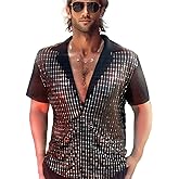 AIBEIX Mens Mesh Sequins See Through 70s Disco Long Sleeve Button Down Shirts