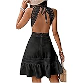Floerns Women's Contrast Lace Sleeveless Halter Dress Backless Vacation A Line Dress