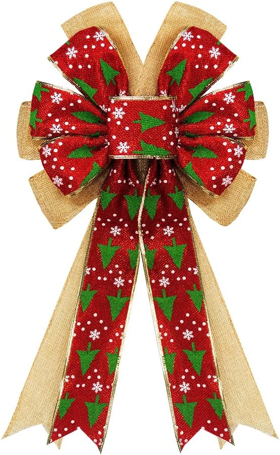 Bows & Ribbons - LANGFON Large Christmas Wreath Bows, Christmas Tree Gold Wired Burlap Bows for Wreaths - Large Burlap Tree Topper Bows for Christmas Front Door Decorations Indoor Outdoor,Red Brown Christmas Tree