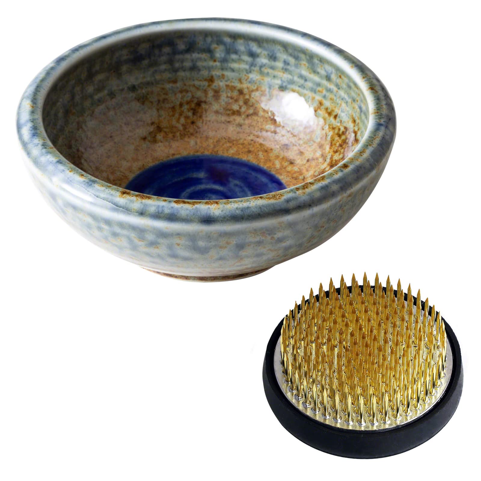 Wazakura Minoyaki Series Japanese Ikebana Essential Tool Kit - Small Round Ceramic Flower Vase and Kenzan Pin Frog for Floral Arranging (Brown & Blue Vase + 61mm Brass Kenzan) — image 1