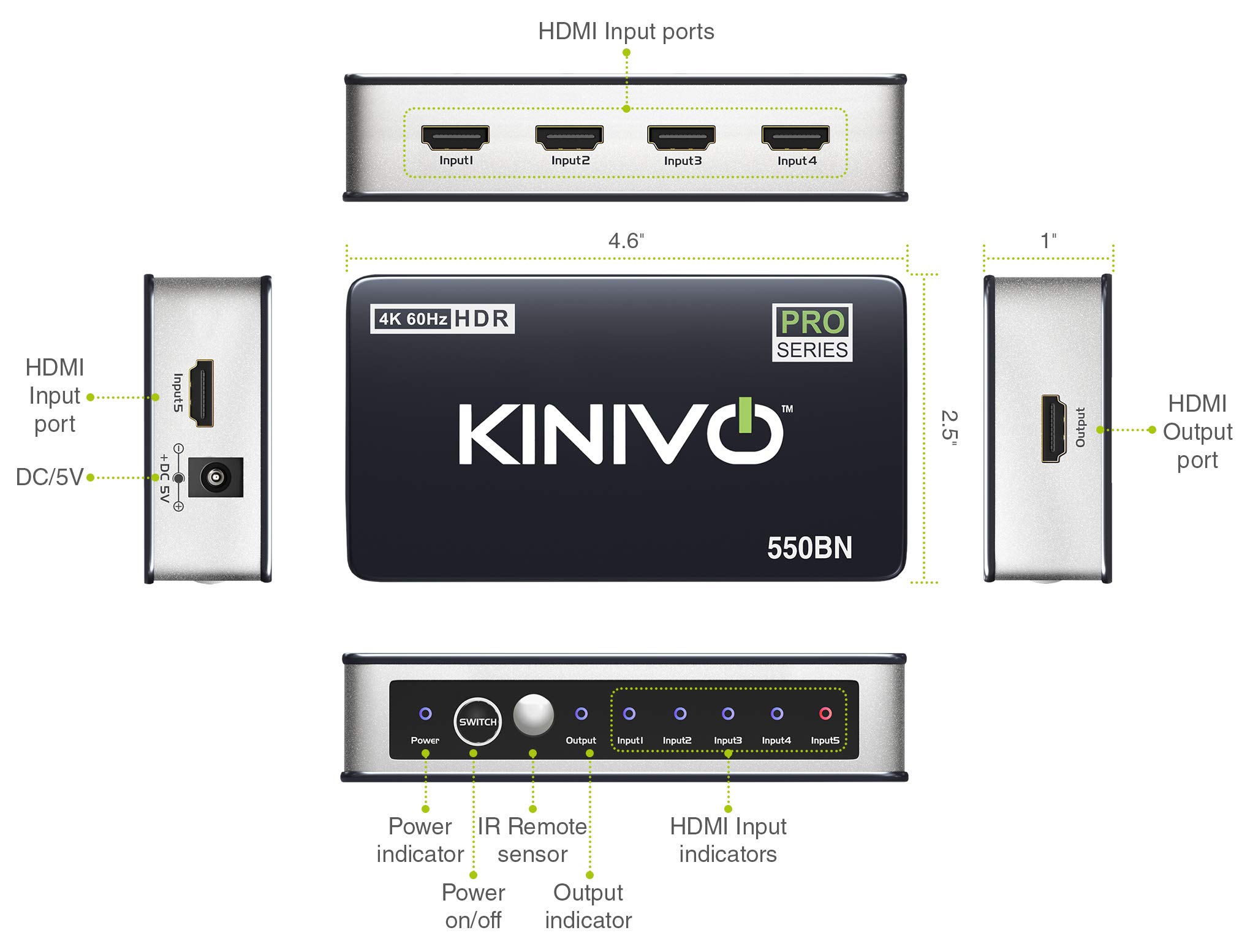Kinivo HDMI Switch 4K HDR 550BN (5 in 1 Out, 4K 60Hz HDR, HDMI 2.0, High Speed 18Gbps, IR Remote, HDCP) - Compatible with Roku, PS5, Xbox, Apple TV, Nintendo Switch, Cable Box