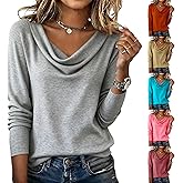 HswsEJ Cowl Neck Tops for Women Trendy Draped Tunic Cute Long Sleeve Tops Loose Fit Elegant T Shirt Business Casual Blouses