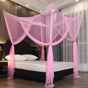 Mengersi 4 Corner Post Elegant Mosquito Net Curtain Bed Canopy for Full Queen King Bed,Suitable for Indoor Outdoor Net(Pink, L87xW79xH98 inch)