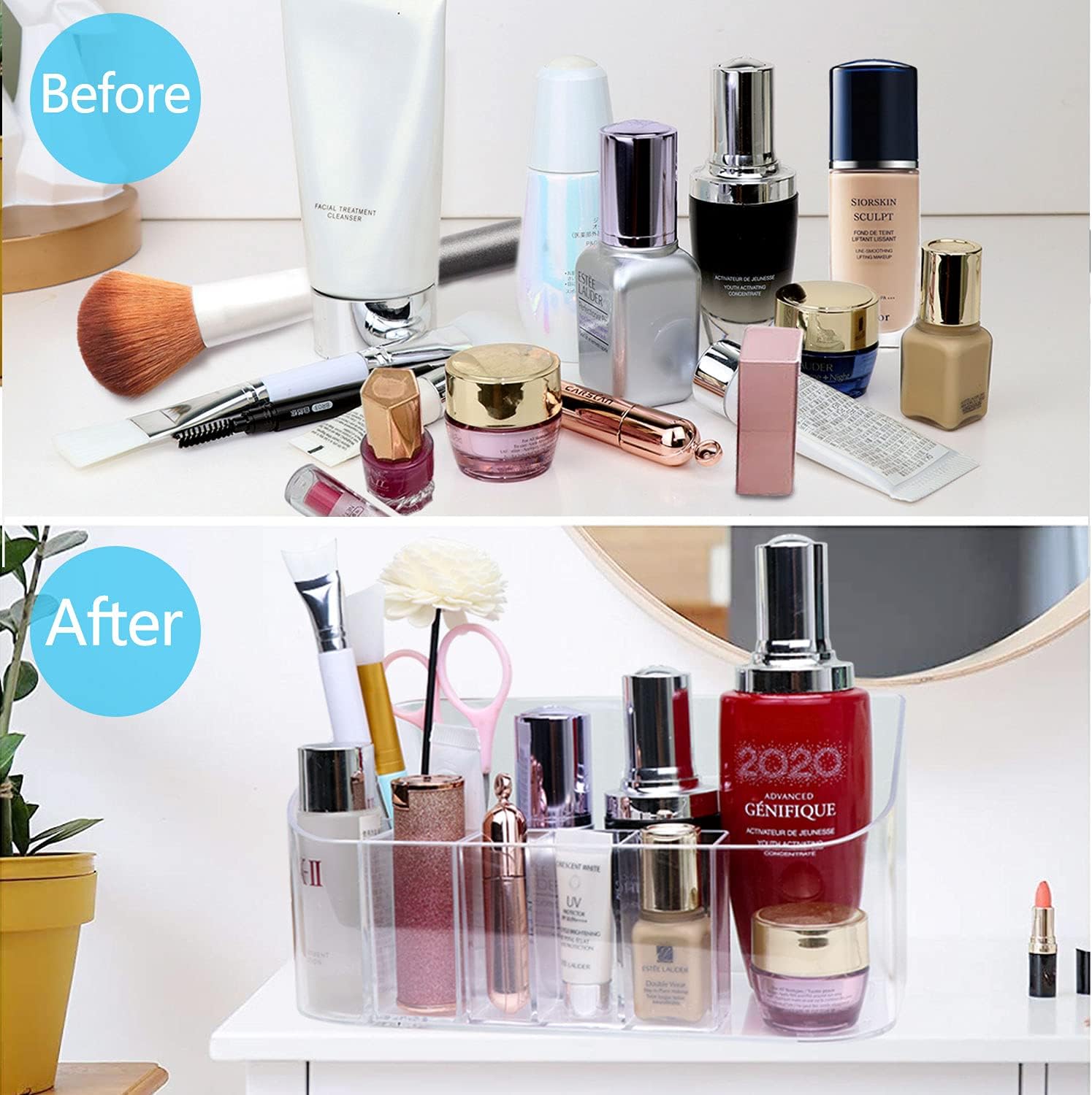 Clear Makeup Organizer for Vanity, Plastic Cosmetic Storage Display Case, 9 Spaces Compartments Palette Organizer Holders for Lipstick, Makeup Brush, Skin Care Products, Small: Home Improvement