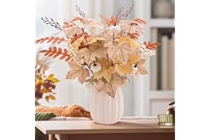 THIGREACT Fall Decor - Ceramic Pumpkin Vase with 15 PCS Autumn Maple Leaf Pumpkin Berry Stems - Table Centerpieces Thanksgiving Farmhouse Neutral Harvest Decorations for Home Indoor Dining Room Kitchen