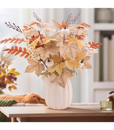 2-Pack Artificial Fall Trees With White Berries, Maple Leaves & Pumpkins - Autumn Harvest Table Decor For Home, Thanksgiving & Weddings