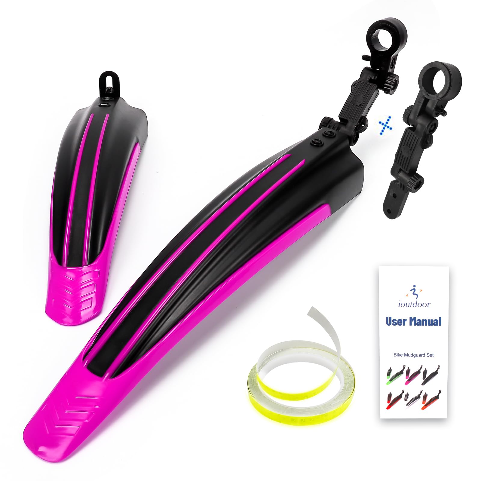 ioutdoor Bike Mudguard Set with 27ft DIY Reflective Tape, Bike Fenders Set Adjustable,Bicycle Front and Rear Mud Guard Fits for 20",22",24",26",27",28" MTB Mountain Road Bike Cycling (Black Pink) — image 1
