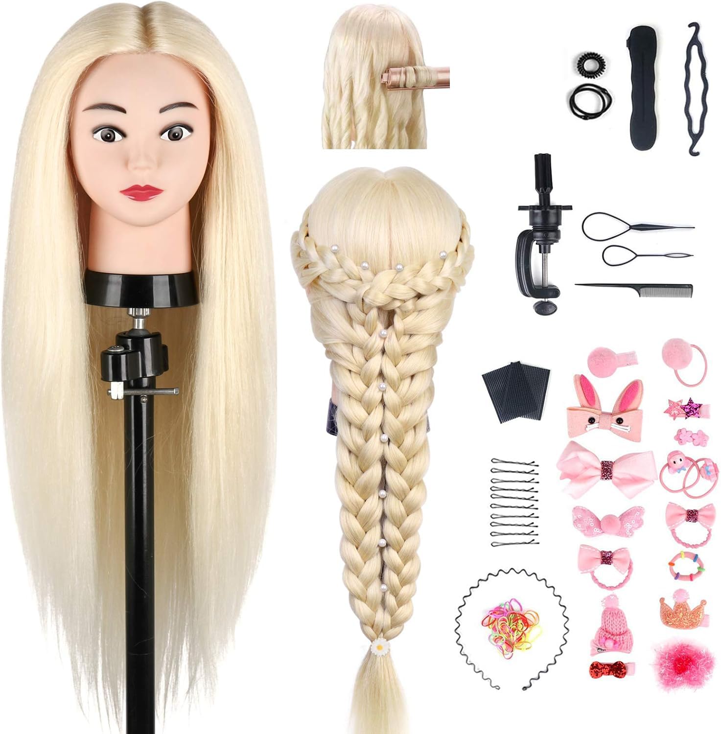 TwoWin Hairdressing Training Head, 24 Inch 80% Real Hair Manikin Cosmetology Doll Head Mannequin Hair Styling with Clamp Stand and Accessories, Blonde, Suitable for Straightening, Curling, Perming