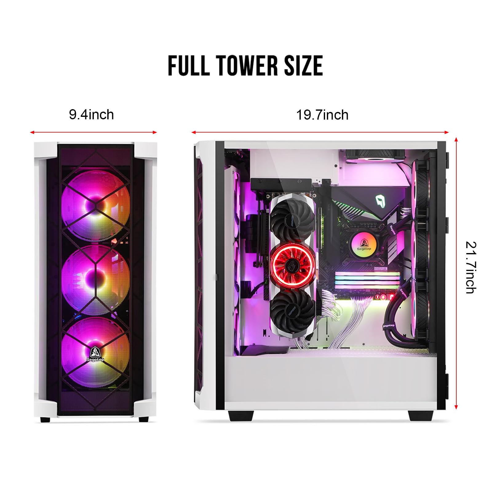 Segotep T1 White Full-Tower E-ATX Gaming PC Case, Graphics Card Vertical Mounting w/Tempered Glass Side Panel, USB 3.0 Type-C I/O Panel, Cable Management/Optional 360mm Radiator (No Fan Included)