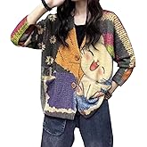 TBUS Women’s V Neck Oversized Cat Print Cardigan, Boho Patchwork Knit Sweater Long Sleeve Button Front with Pockets