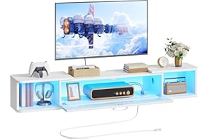 HOOBRO Floating TV Stand with LED Light Power Outlet for up to 65”, Wall Mounted TV Shelf, Modern Media Console Entertainment Center, for Living Room Bedroom, White WT34UDDS01G1
