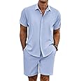 COOFANDY Men's Summer Beach Outfits 2 Piece Short Sleeve Shirts and Shorts Vacation Texture Linen Sets for Men