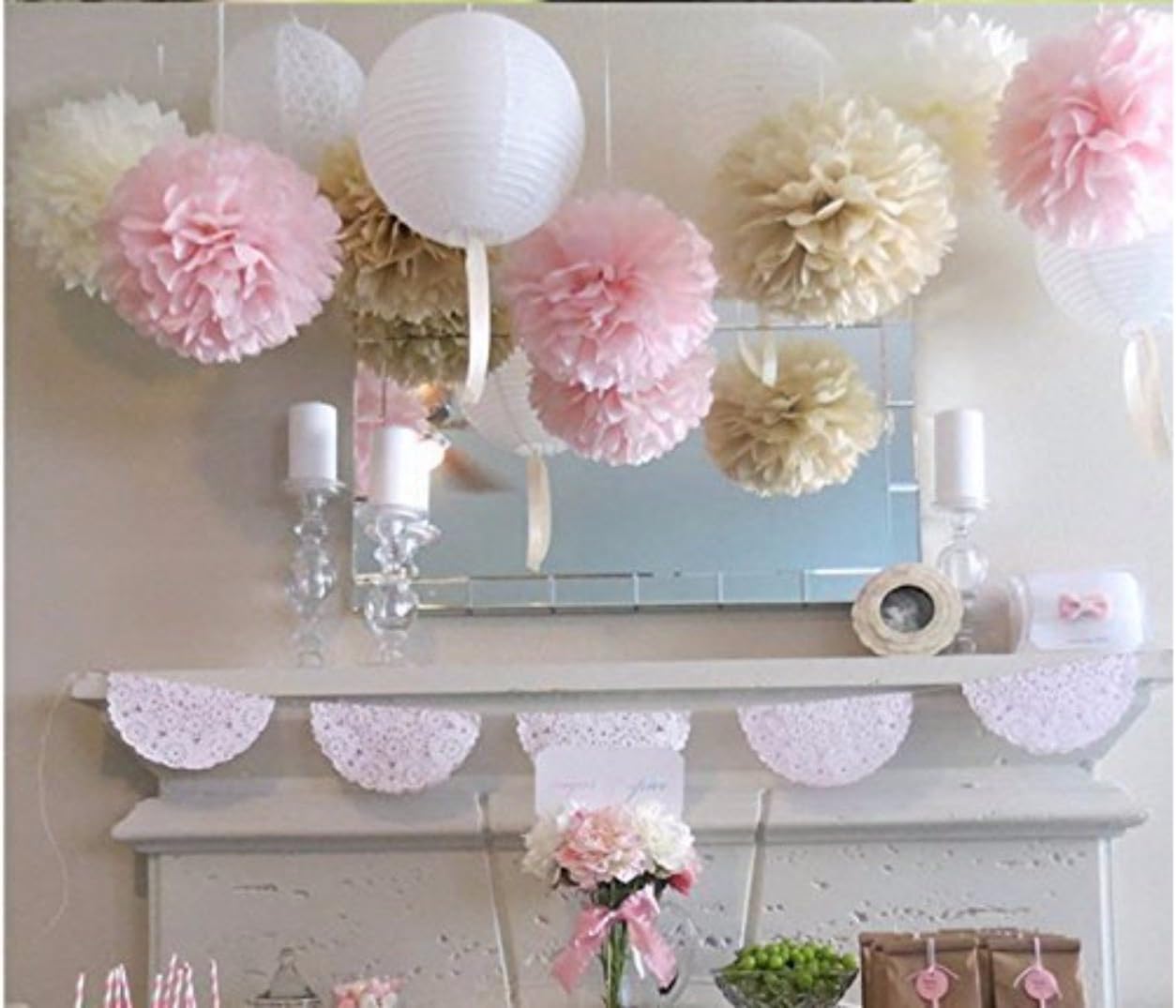 OH So Pretty in Pink Delicate Pink Decorations Tissue Paper Pom Pom Flowers & Lanterns for Wedding, Shower & Party Decorations in White, Pink and Champagne (Pack of 9 Pcs)