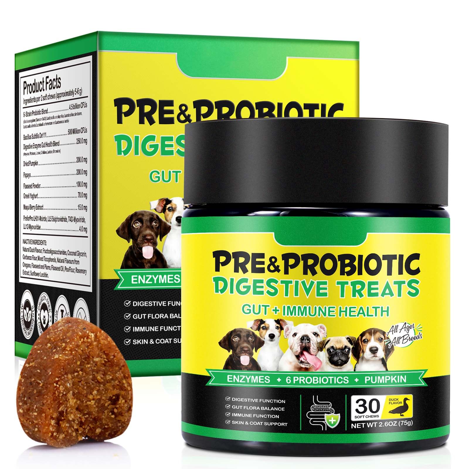 Probiotics for Dogs, Dog Probiotics for Gut Health Supplements (30 Chews) - Supports Digestive & Immune Function, For All Dogs