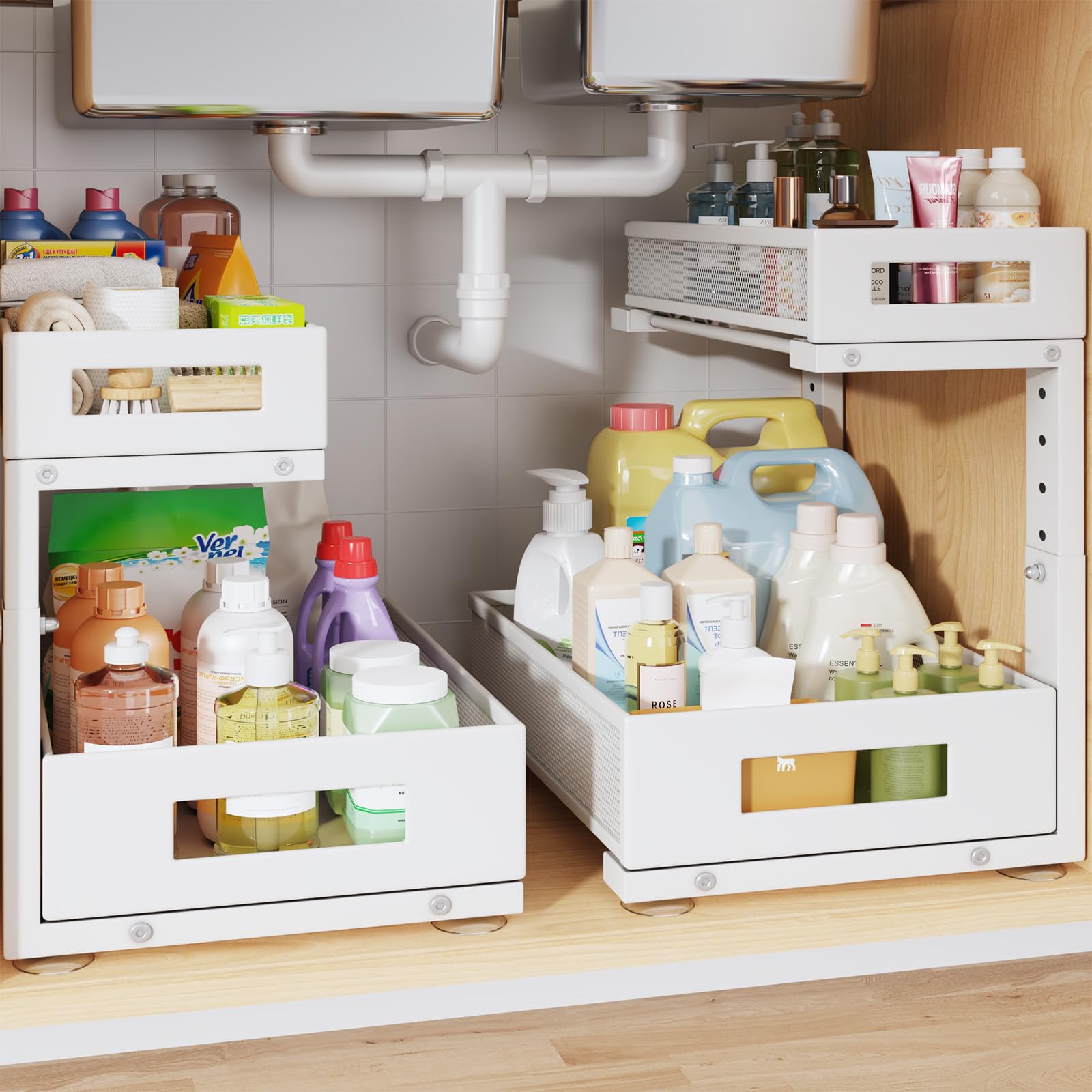 Photo 1 of 2-Pack Under Sink Storage Organizer, Large 2-Tier Elegant Mesh Pull Out Shelf for Kitchen and Bathroom Cabinet Organization, L-Shaped and Adjustable Height Design for Maximum Space Efficiency-White