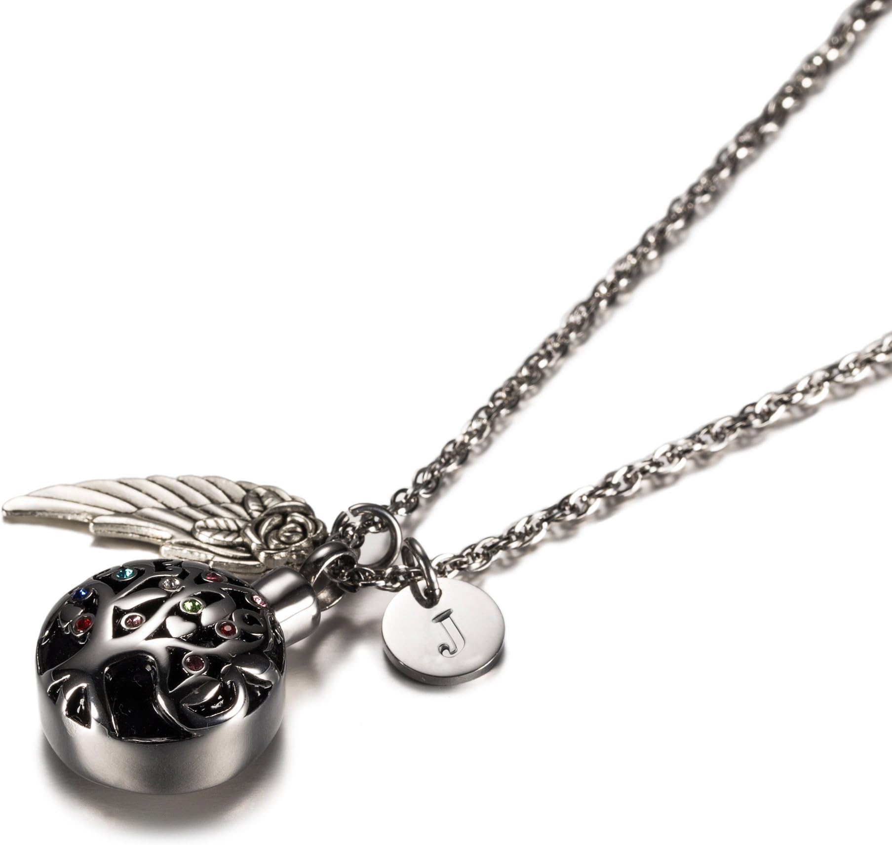AMIST Multicolor Tree of Life Urn Necklaces for Ashes Cremation Jewelry for Women with Angel Wing and Initial In Memory of Loved Ones