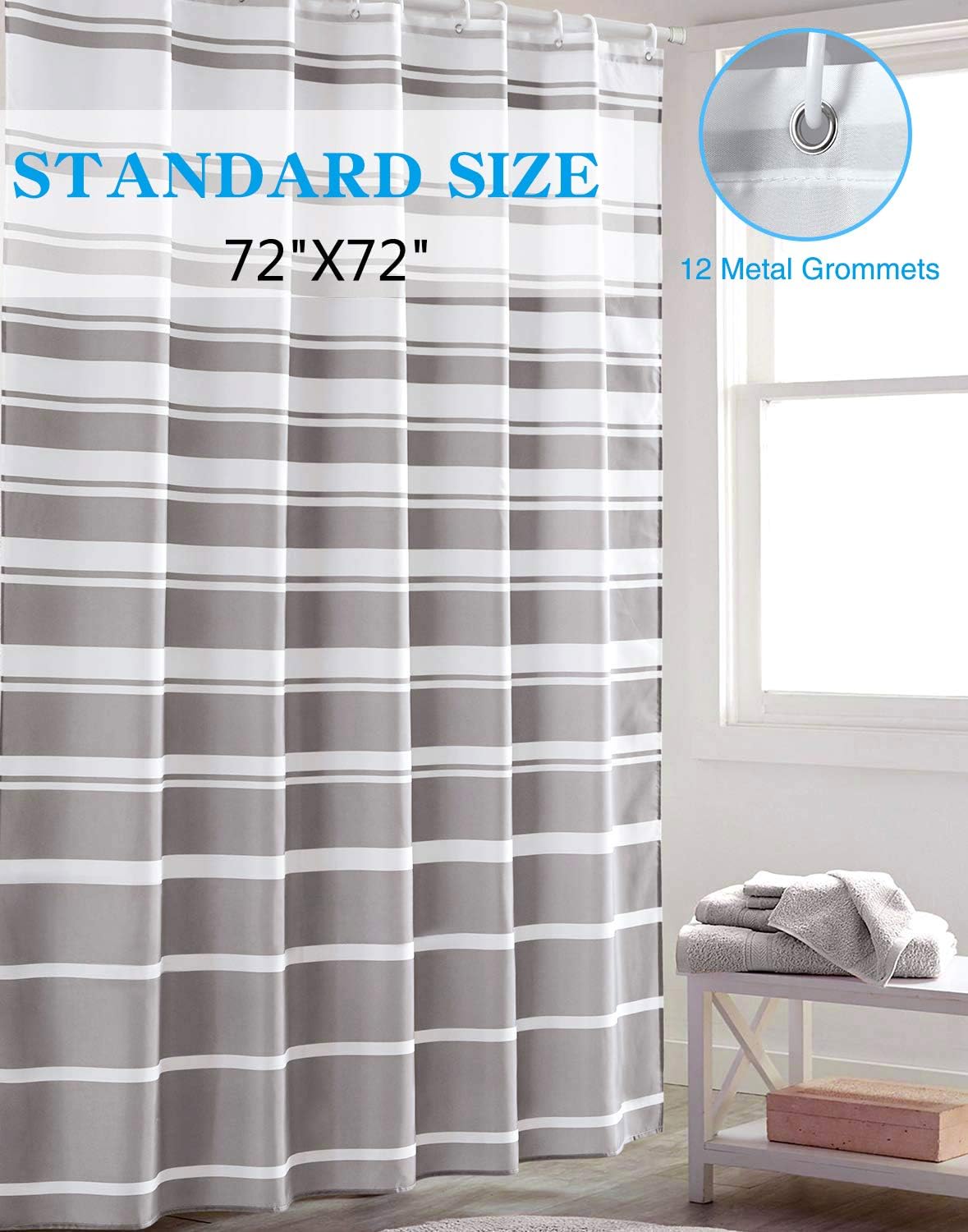 Shower Curtain for Bathroom Farmhouse Stripe Fabric Set with White Gray Pattern, Water-Repellent Classic Shower Curtains…