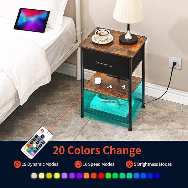 LAKEMID NIGHTSTANDS SET OF 2 WITH CHARGING STATION AND DRAWER, END TABLE BEDSIDE TABLE WITH 20 COLORS LED LIGHT STRIP AND 2 LAYERS SHELF FOR BEDROOM LIVING ROOM SOFA COUCH (BLACK)