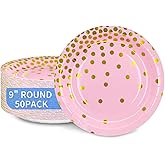 DYLIVeS Pink and Gold Paper Plates,9 inch Metallic Foil Polka Dots Disposable Dessert Party Plates Cocktail Party Supplies Plates for Birthday, Bridal Shower, Easter, Graduation Decorations, 50 Pack