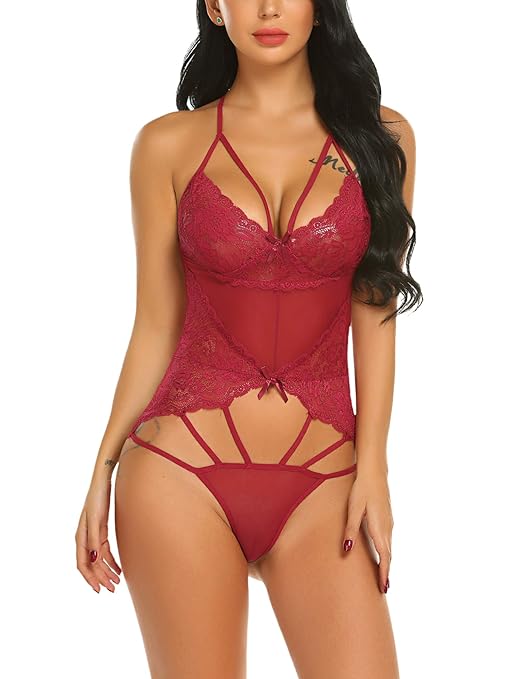 ADOME Damen Sexy Bodys Strapsen Negligee Spitze Babydoll Push-up Nachtwäsche Erotik Dessous Set Unterwäsche Lingerie Bademant