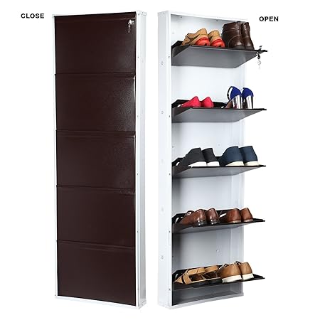 HOUZIE Powder Coated 21 5 Door Steel Shoe Rack -WHITE BROWN