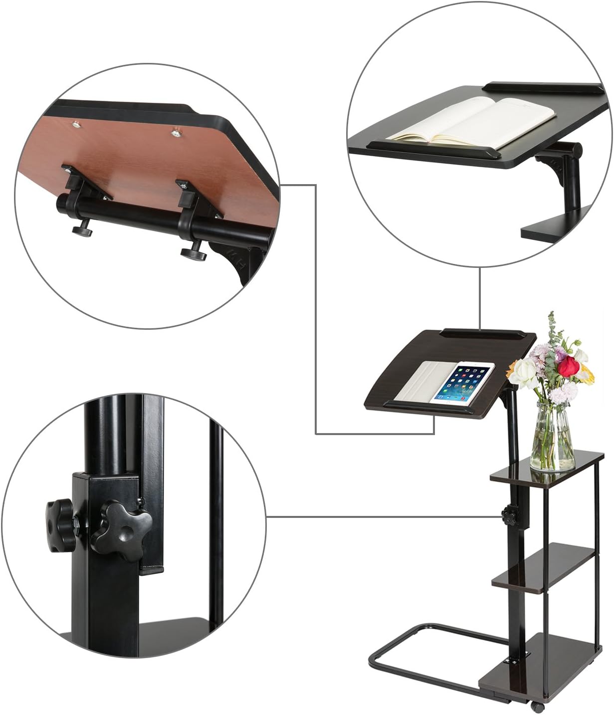 DOEWORKS Laptop Desk Height Adjustable Tray Side Table for Bed or Sofa, Black Overbed Table with Wheels : Office Products