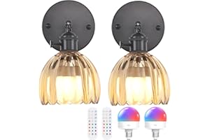 Shenmoyl Vintage Battery Operated Wall Sconce with Amber Tulip Glass Lampshade Rechargeable Battery Powered Black Wall Light 