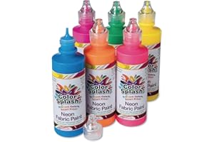 Color Splash S&S Worldwide Neon Dimensional Fabric Paint Assortment, 6 Bold Colors, 4-oz Squeeze Bottles With Precision Tips, Create 3-D Designs on Fabric, Vinyl, Wood, and More, Non-Toxic Pack of 6