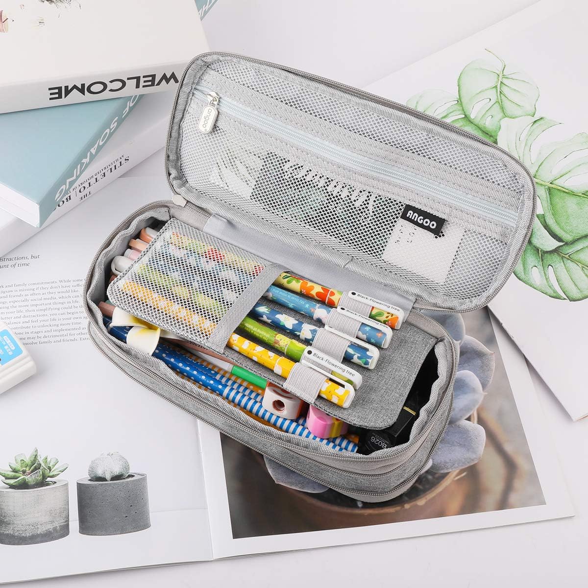 iSuperb Pencil Case Large Capacity Student Dark Grey Pencil Bag Canvas Pencil Pouch for Girls Boys ,Pen Stationery Storage Bag Double Zipper Pencil Organizer School Office - Image 4