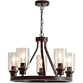 Sivilynus Farmhouse Chandelier Lighting Round 5 Lights Oil Rubbed Bronze with Glass Shade Ceiling Hanging Vintage Rustic Ligh
