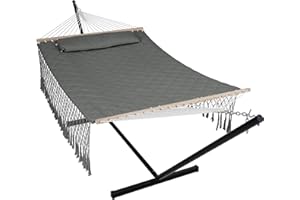 ANOW Double Hammock with Tassels and 12FT Heavy Duty Steel Stand Included, 2 Person Hammock with Stand for Outdoors, Patio, 450 LBS Weight Capacity, Gray