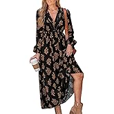 CUPSHE Women's Floral Maxi Dress V Neck Puff Sleeves Flowy Ruffle Casual Fall Dress