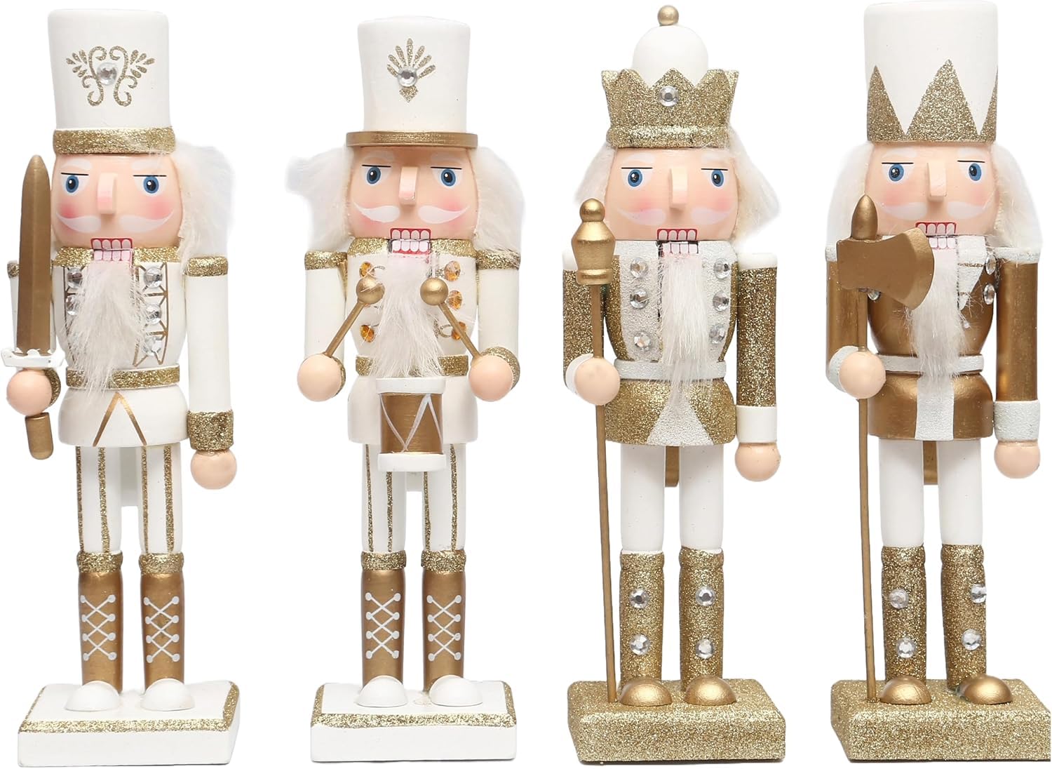 SHATCHI 25cm Gold/White Wooden Christmas Nutcrackers - 4pcs Set - Soldiers King Drummer Puppet Figurines Home Decoration Ornament