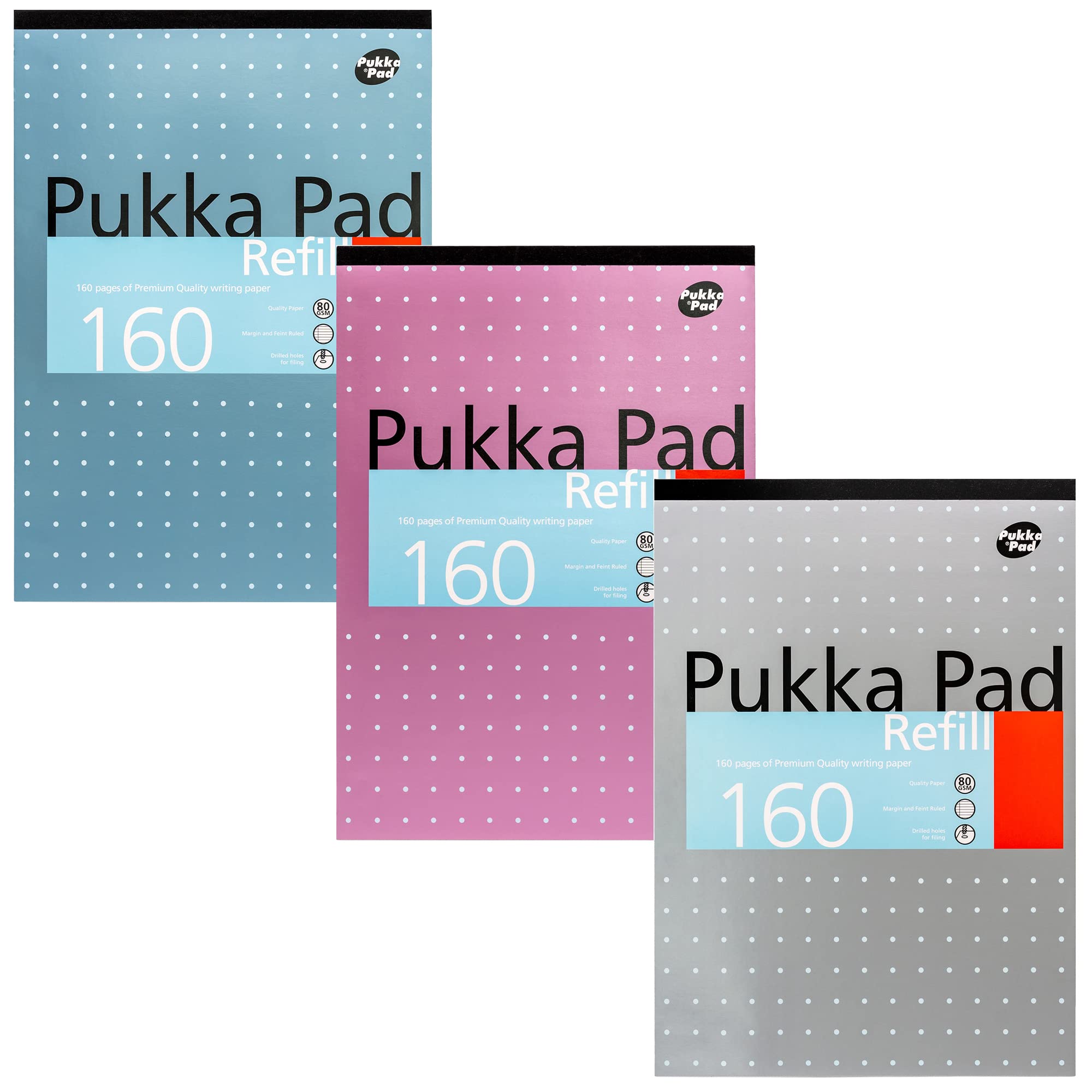 Pukka Pad, A4 Refill Notepad – 160 Pages of Premium Quality Writing Paper-80GSM, with Feint Ruled 8mm Lines and Margin–Tape Head Bound with 4-Holepunch –29.7 x 21cm –Pack of 3 Assorted