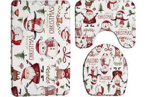 ZKJSMGS Christmas 3 Piece Bath Rug Sets,Deer Reindeer Polar Bear Santa Claus Elk Xmas Bells Twigs Snowman Penguin Watercolor Winter Holiday 17.8"x29.5"Bath Rug,Toilet Seat Cover, U-Shaped Toilet