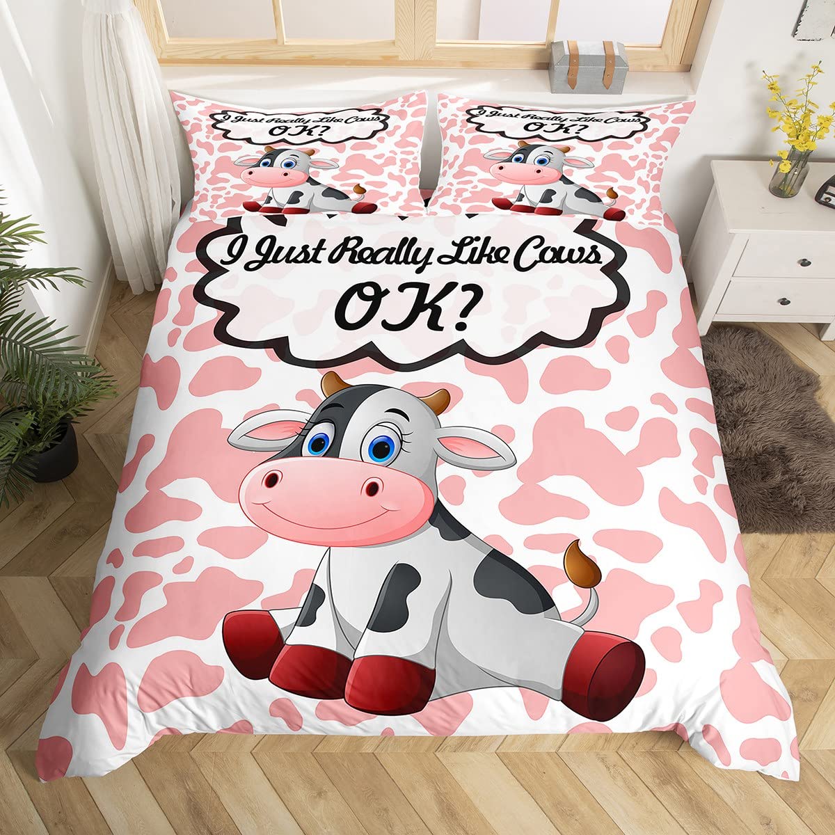 Loussiesd Kids Cute Cow Comforter Cover Milk Cow Bedding Set Girls Pink White Cow Fur Duvet Cover for Children Boys Toddler Cartoon Farmhouse Animal Bedspread Cover Single Size — image 1