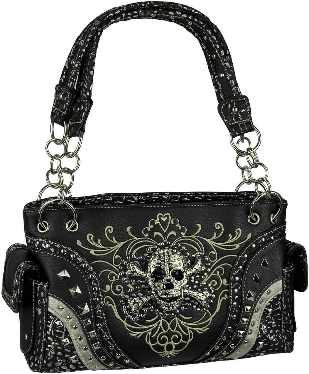 Black Embroidered Concealed Carry Purse Rhinestone Skull Studded Vinyl